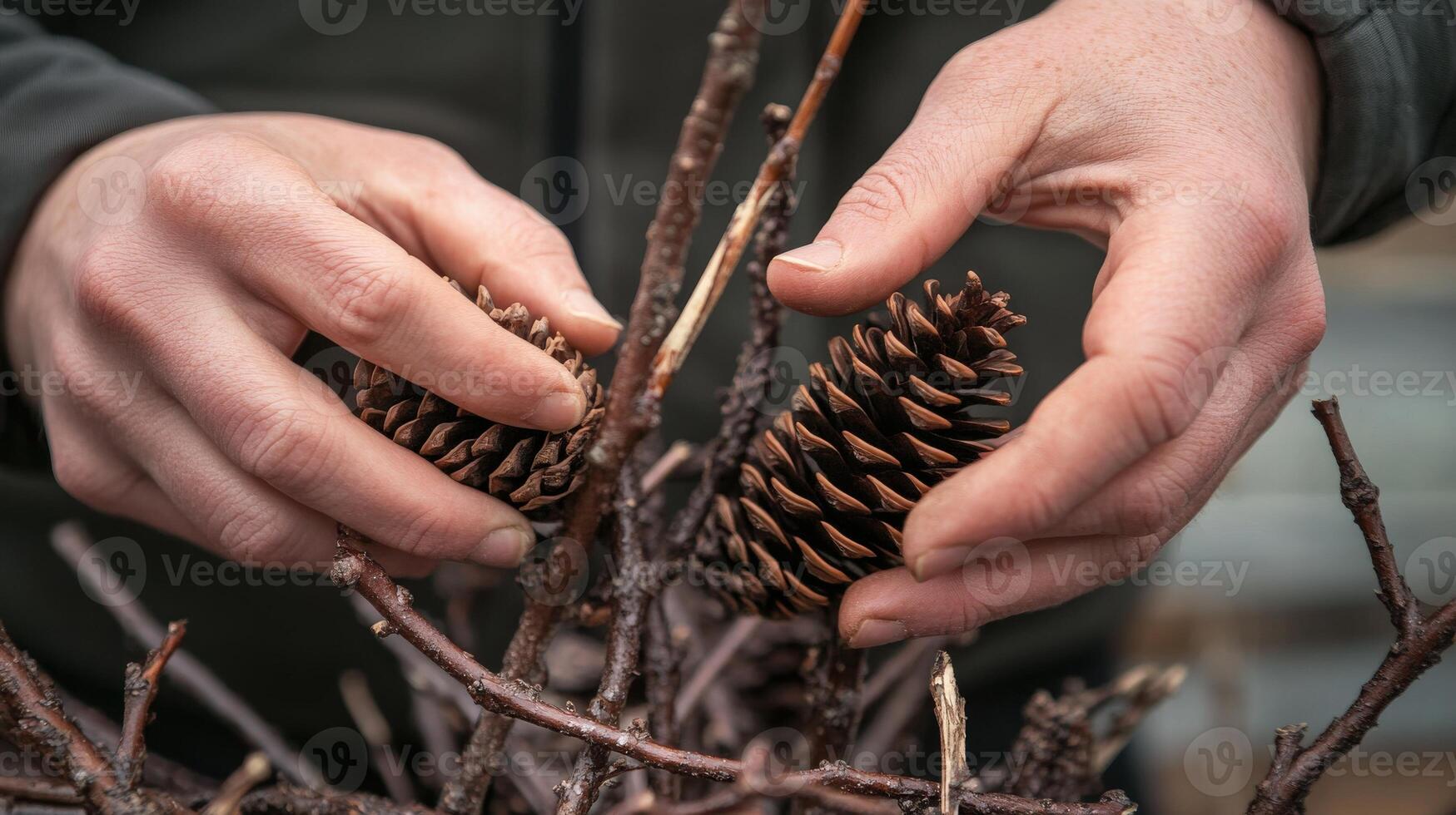 Close-up view of hands holding pine cones on branches. photo