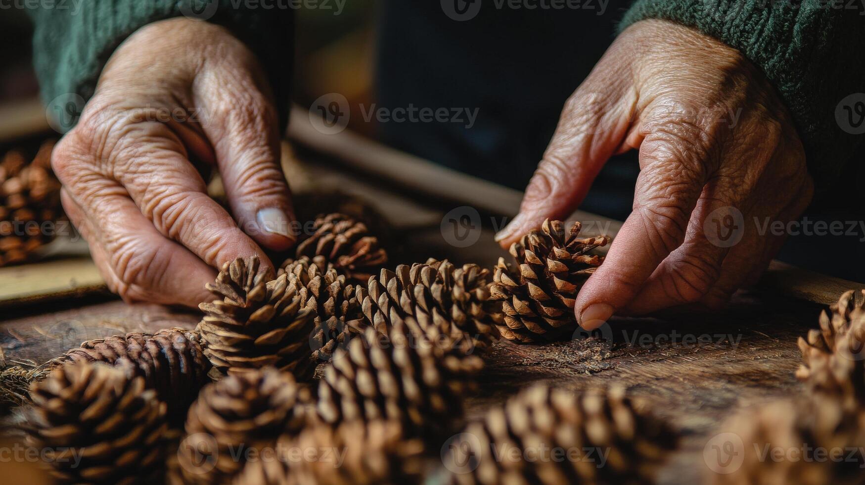 Aged hands meticulously arranging pine cones on a rustic work surface. photo