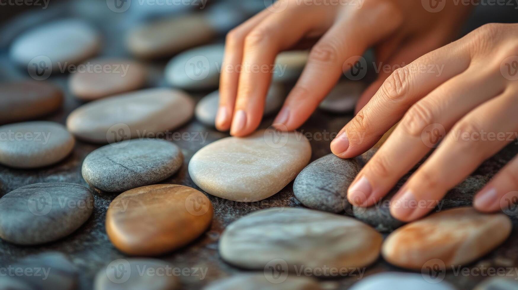 Close-up view of hands arranging smooth stones on a surface. photo