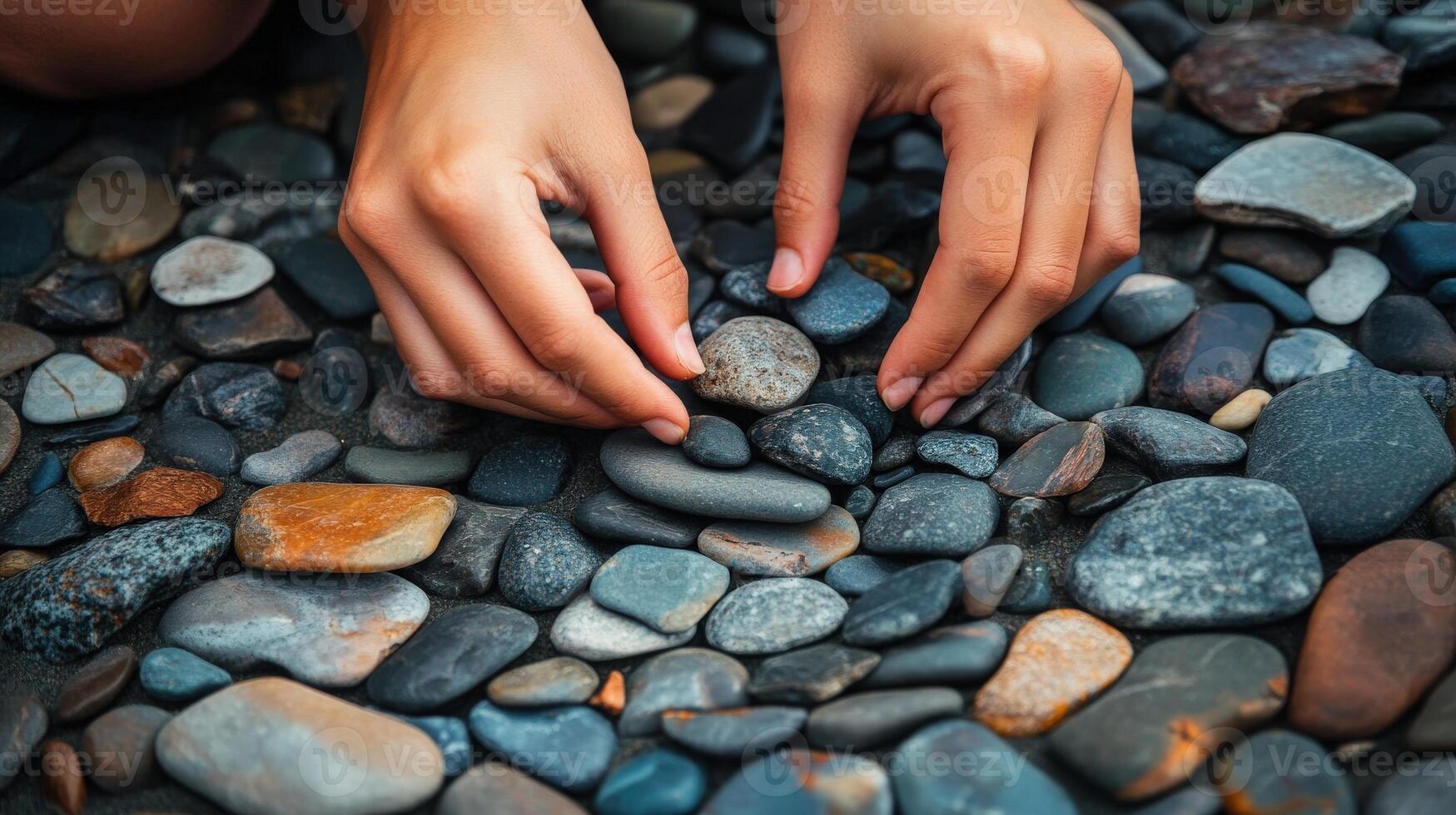 Close-up view of hands arranging stones on the ground. photo