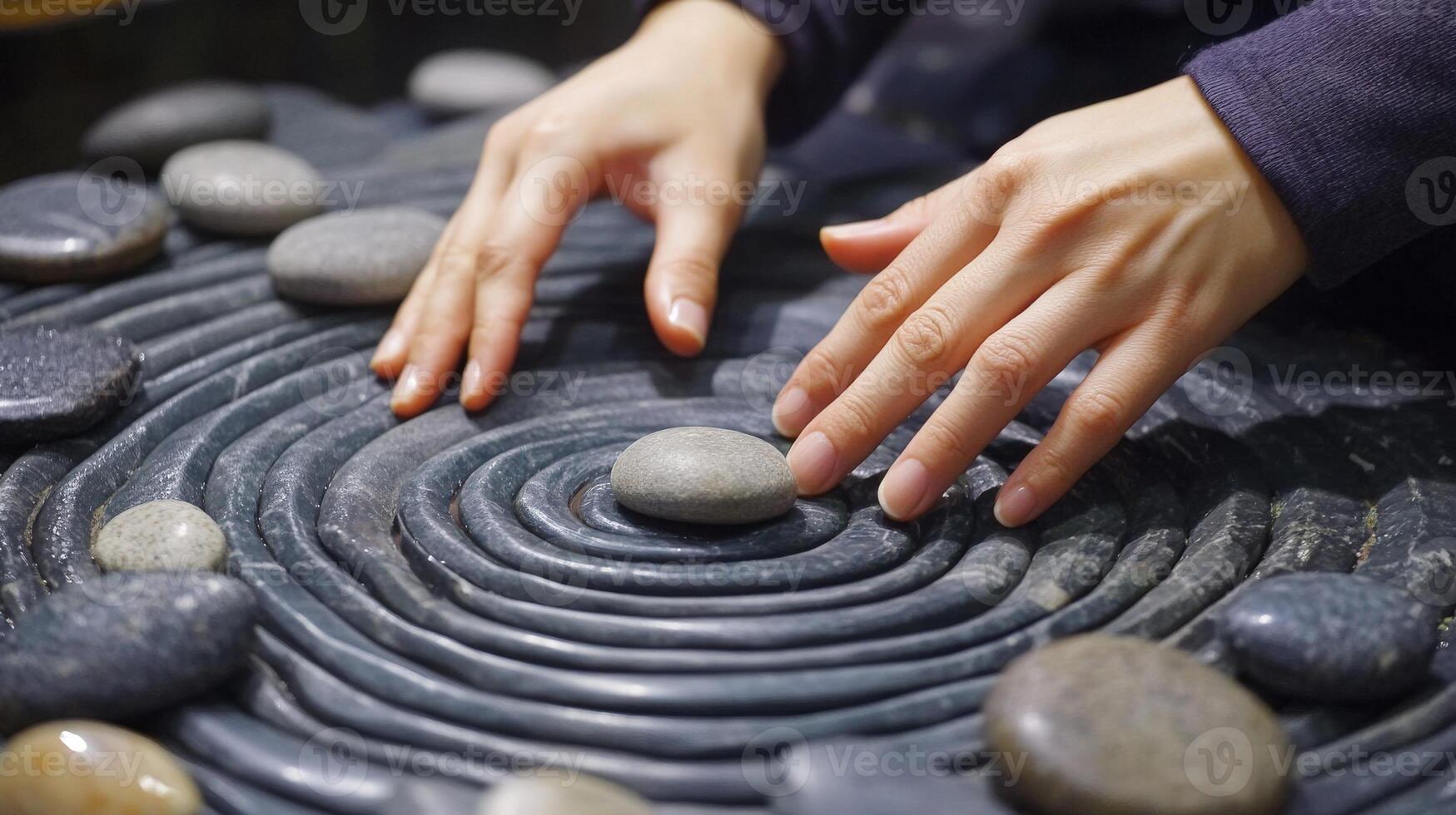 Hands arranging smooth stones in a circular pattern. photo
