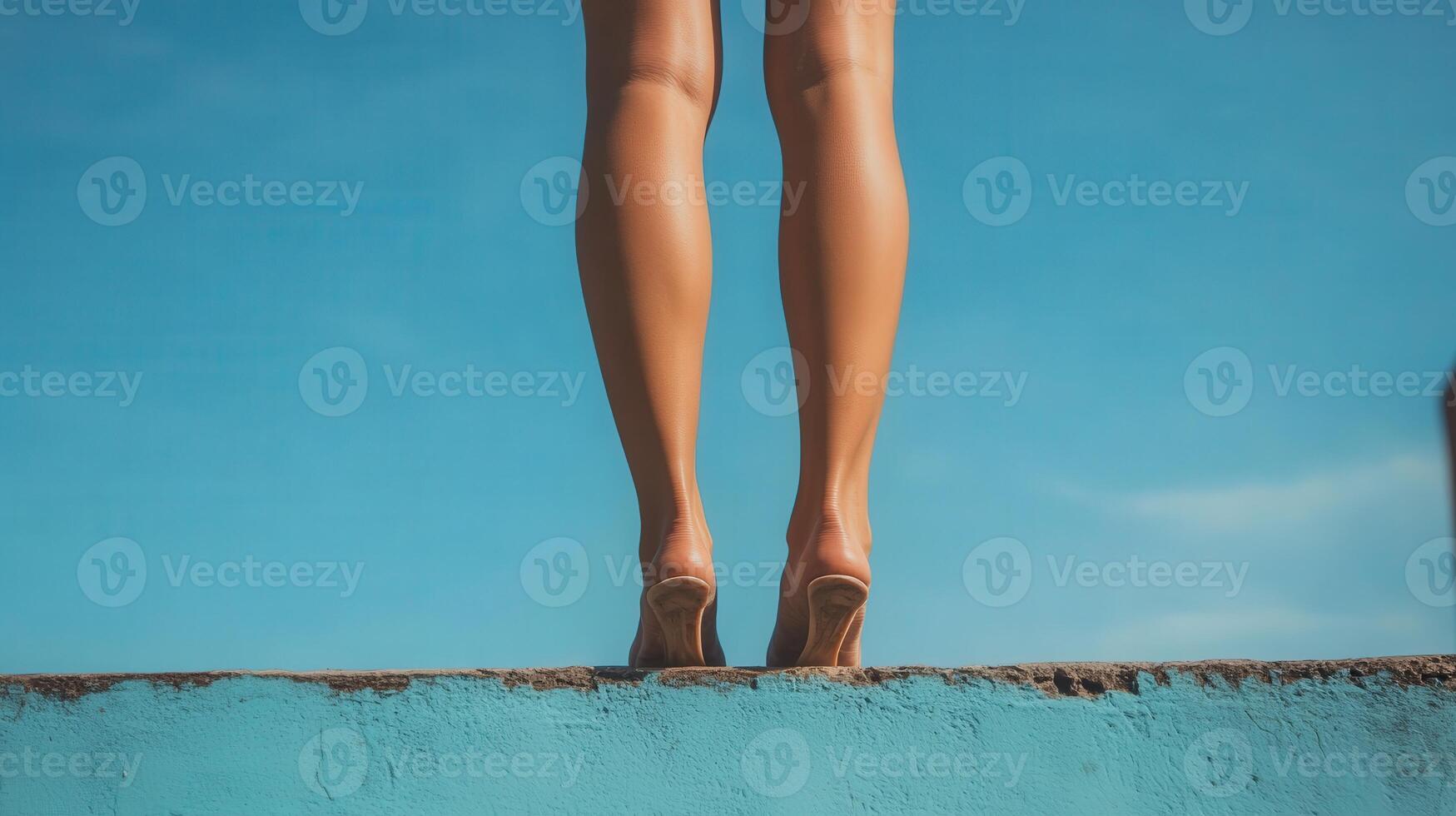 Barefoot legs atop a textured blue wall against a vibrant sky. photo