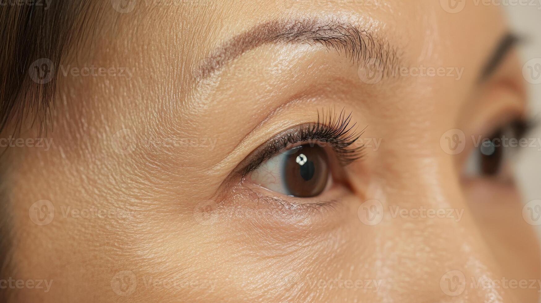 Close-up view of a mature person's eye and facial skin. photo