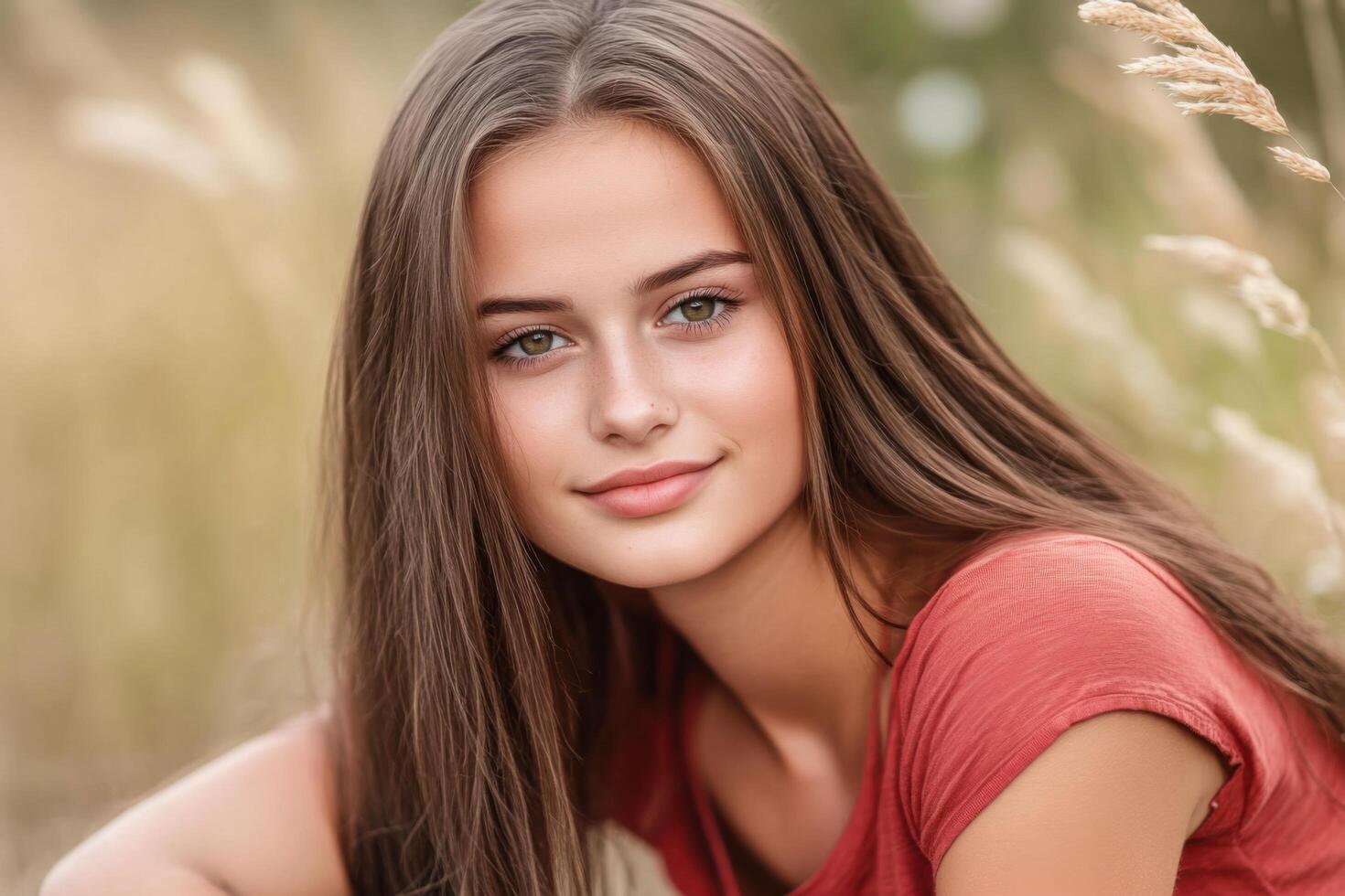 Beautiful Woman Outdoors in a Red Shirt photo