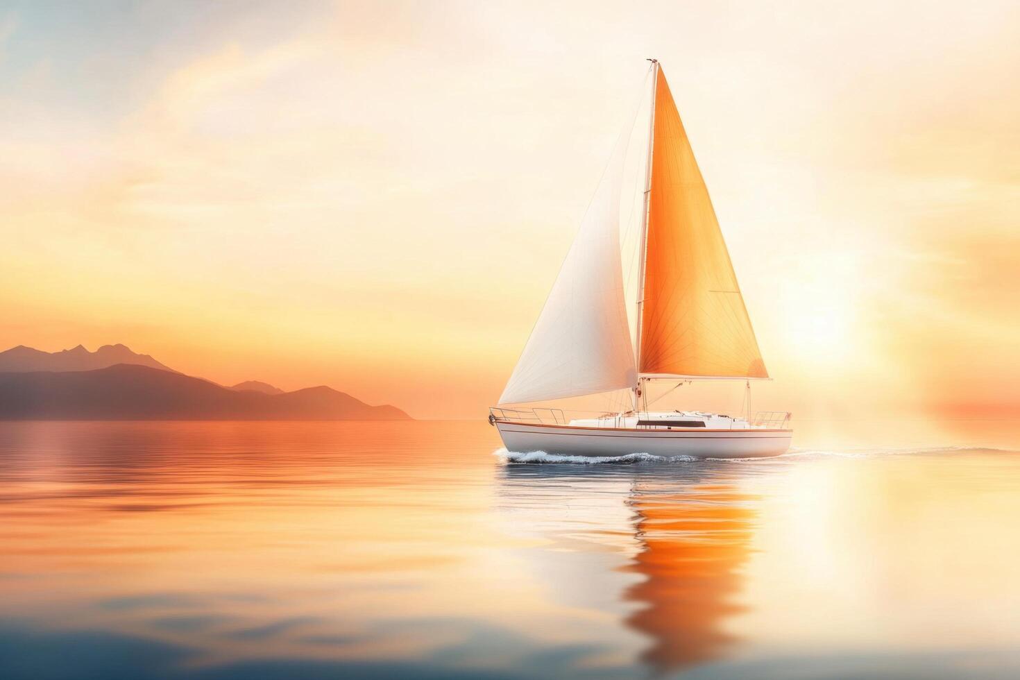 Majestic Sailboat at Golden Sunset over Calm Ocean photo