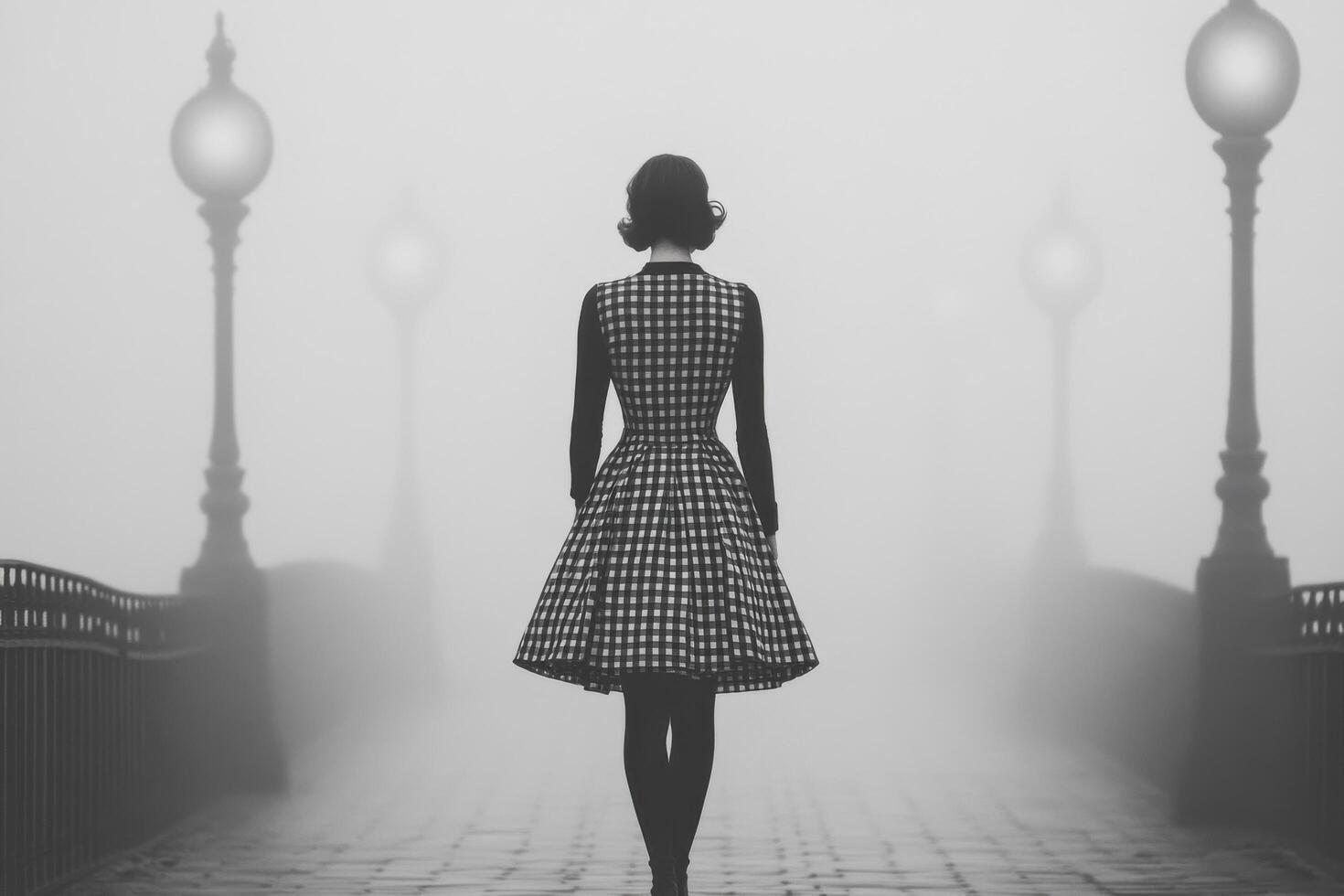 A Woman in Retro Dress Walking Through Foggy City Street photo