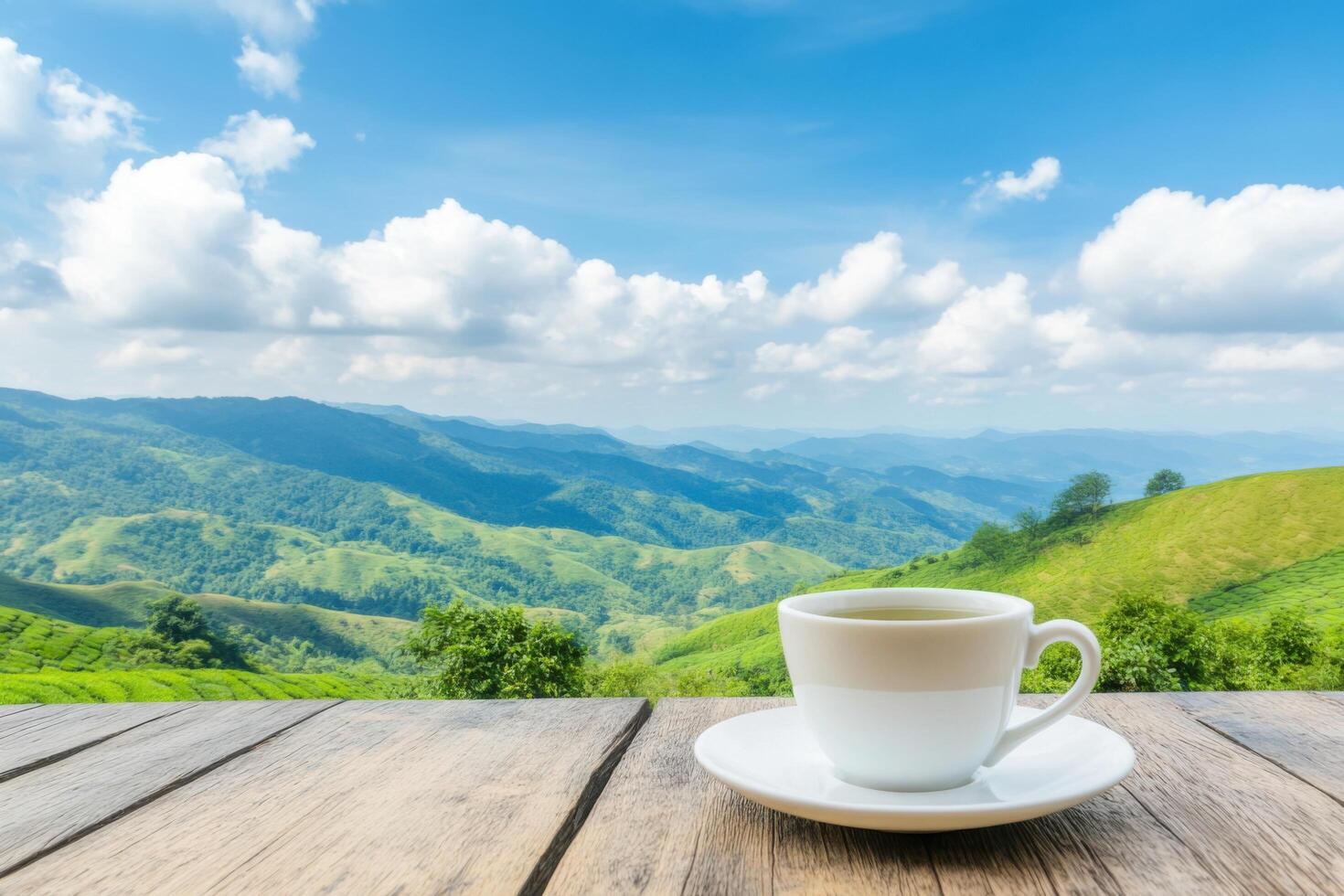 Serene Mountain View with a Cup of Tea photo