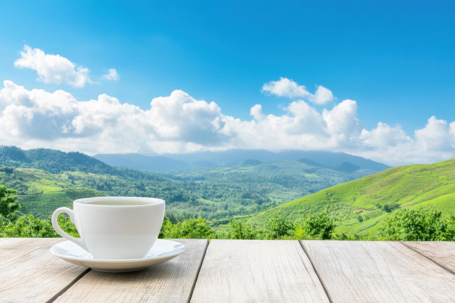 Serene Mountain View with a Cup of Tea 2 photo