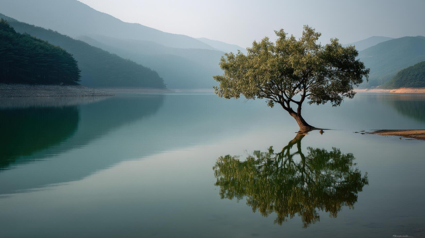 Serene Lakeside Scene A Majestic Tree Reflecting on Tranquil Water photo