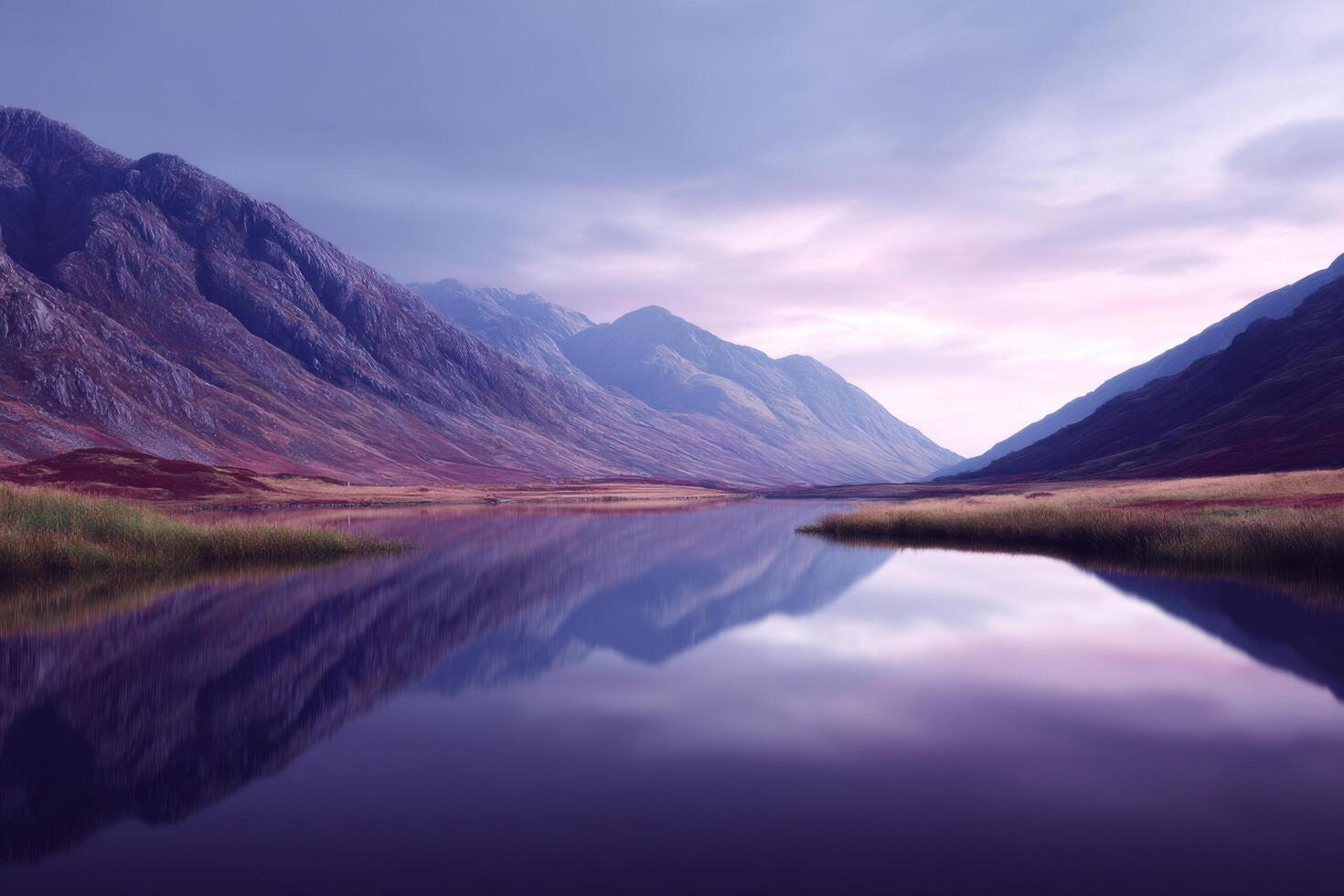 Serene Mountain Lake Landscape with Vivid Purple Hues photo