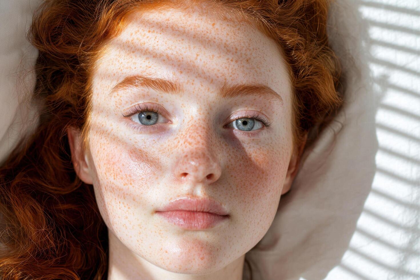 portrait of a captivating woman with freckles and a serene expression. A study in natural beauty. photo