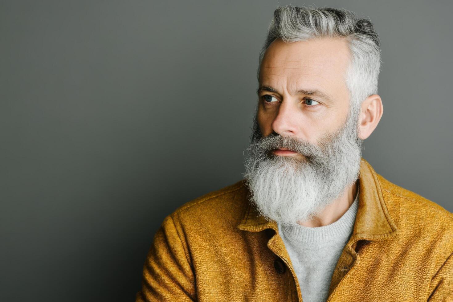 Mature Man with Gray Hair and Long Beard in a Mustard Yellow Jacket photo