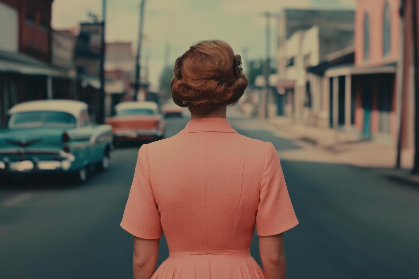 Vintage Woman in a Pink Dress Walking Down a Retro Street photo