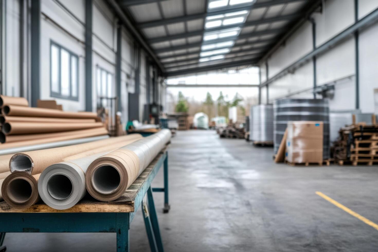 Industrial warehouse interior with rolls of paper and cardboard. A view of a factory's storage area, showing packaging materials and supplies ready for distribution. photo