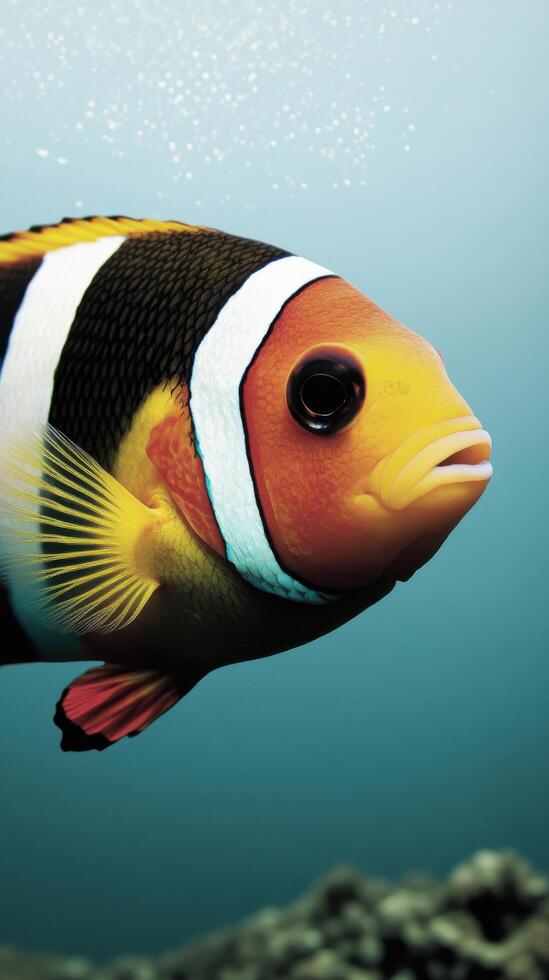 Vibrant Clownfish in its Underwater Habitat A Stunning of a Tropical Marine Fish. Discover the beauty of this colorful creature in its natural coral reef environment. photo
