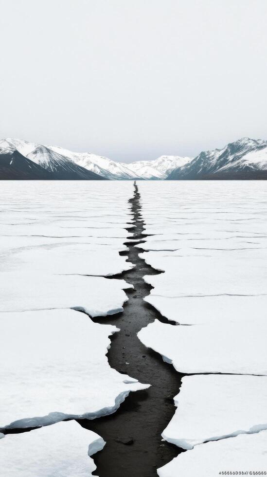 Majestic Winter Landscape A Serene Frozen Lake with a Crack in the Ice, Surrounded by Snow Covered Mountains. A Breathtaking View of Nature's Beauty photo