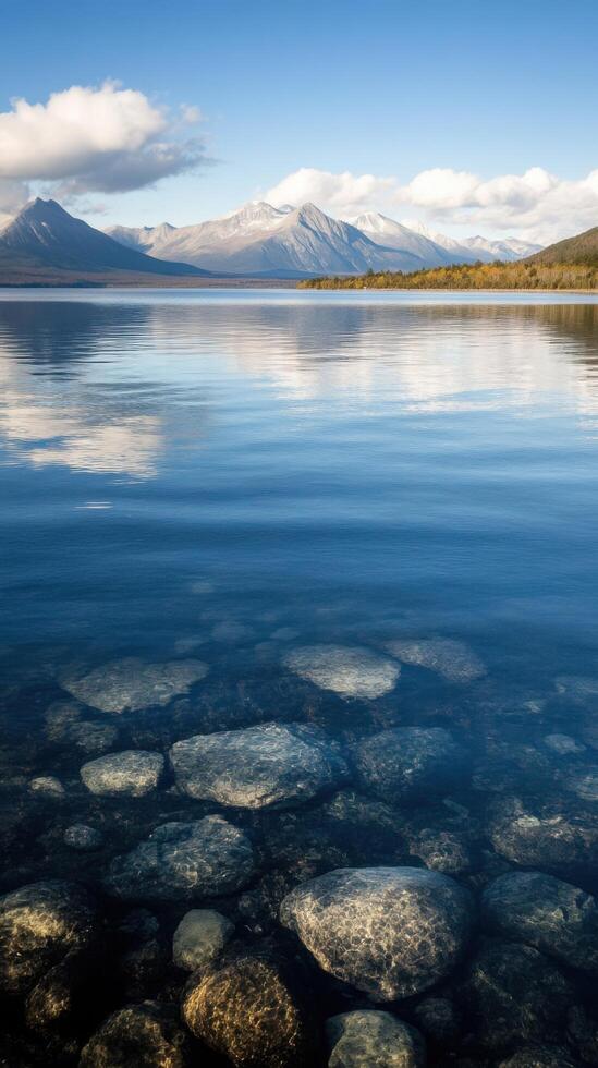 Serene Lake Landscape Crystal Clear Water Reflecting Majestic Mountains and Sky photo