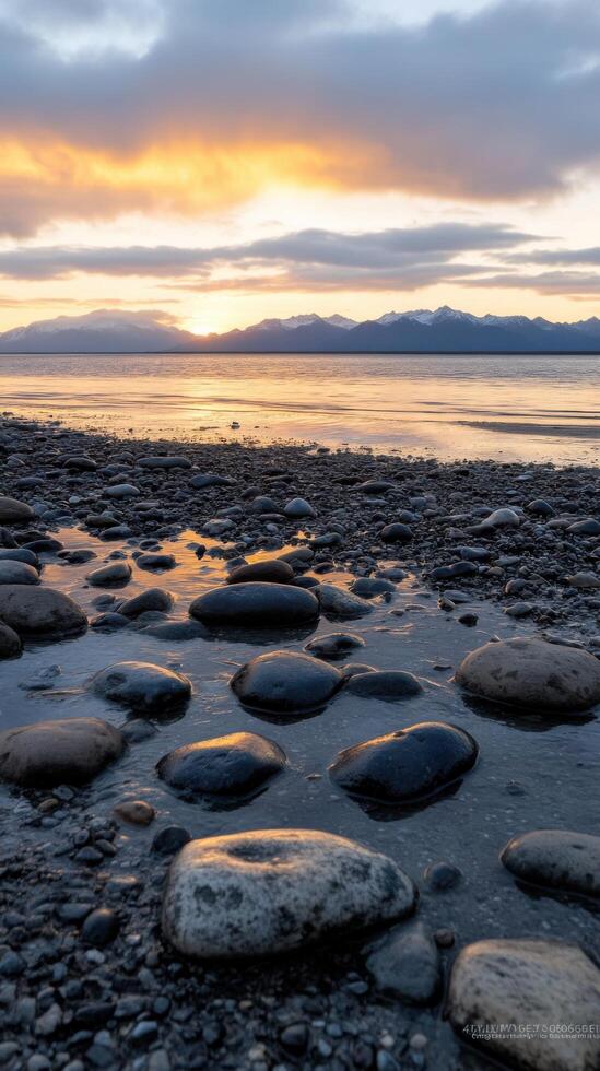 Majestic Sunset Landscape Serene Beach with Rocks, Mountains, and Golden Sky. A breathtaking coastal scene at sunset, showcasing tranquil waters, smooth stones, and a dramatic mountain backdrop. photo