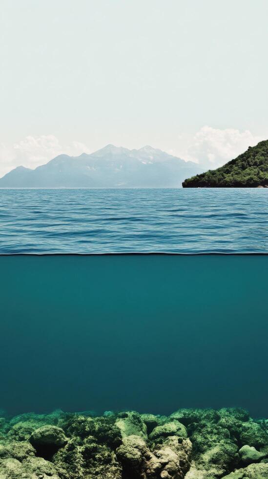 Stunning Seascape Crystal clear ocean meeting a majestic mountain backdrop. An idyllic summer's day, serene and tranquil, capturing the beauty of nature's underwater world and above. photo
