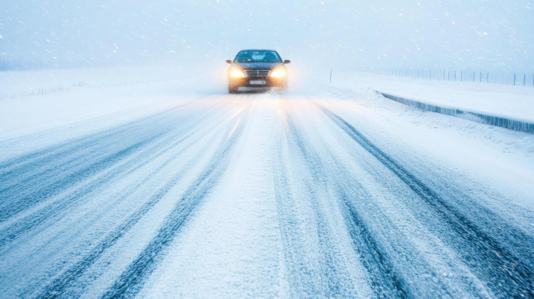 Driving in a Snow Blizzard A Scenic Winter Road Trip. Experience the thrill and beauty of winter driving, navigating snowy roads and breathtaking landscapes. A journey through a winter wonderland. photo