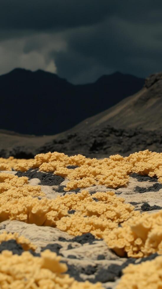 Golden Desert Blooms A Stunning Landscape of Resilient Desert Flowers Against a Dramatic Mountain backdrop. Discover the vibrant beauty of nature's tenacity in arid environments. photo