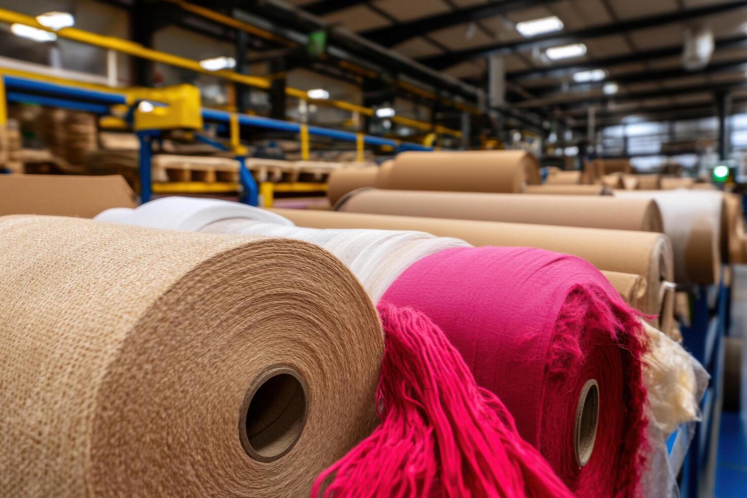 Vibrant Textile Rolls in a Busy Manufacturing Factory A Glimpse into the Production Process of High Quality Fabrics and Yarns photo