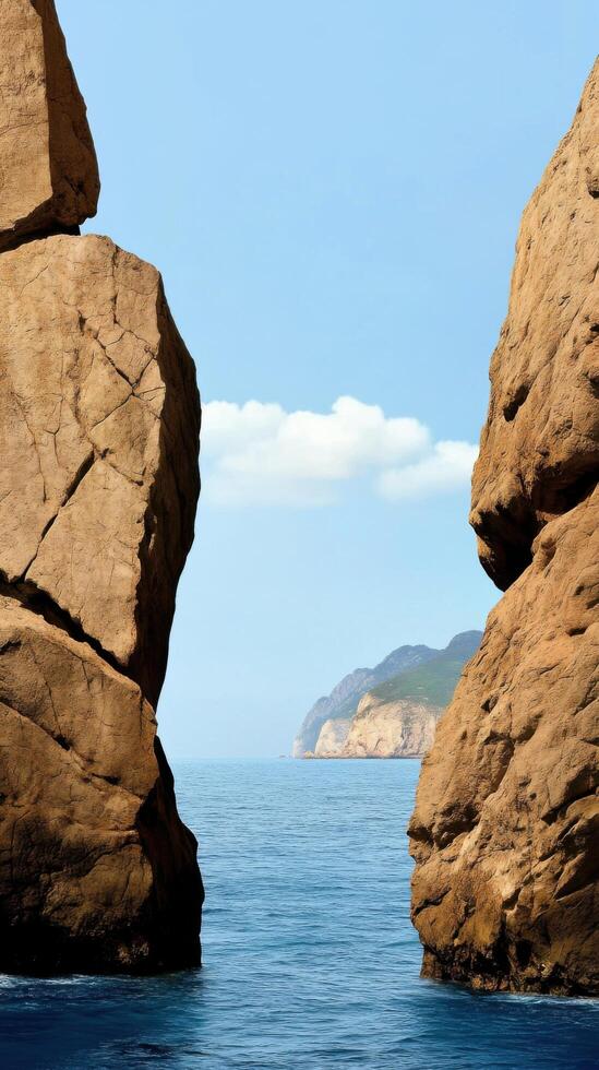 Mediterranean Seascape Majestic Cliffs, Azure Waters, and Serene Coastal Views. A breathtaking landscape of tranquil beauty, perfect for travel and vacation inspiration. photo