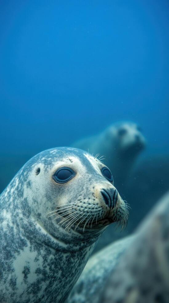 Stunning Underwater Shot of a Curious Seal in its Natural Habitat. Discover the beauty of marine wildlife and explore the mysteries of the deep ocean. A captivating wildlife photo. photo