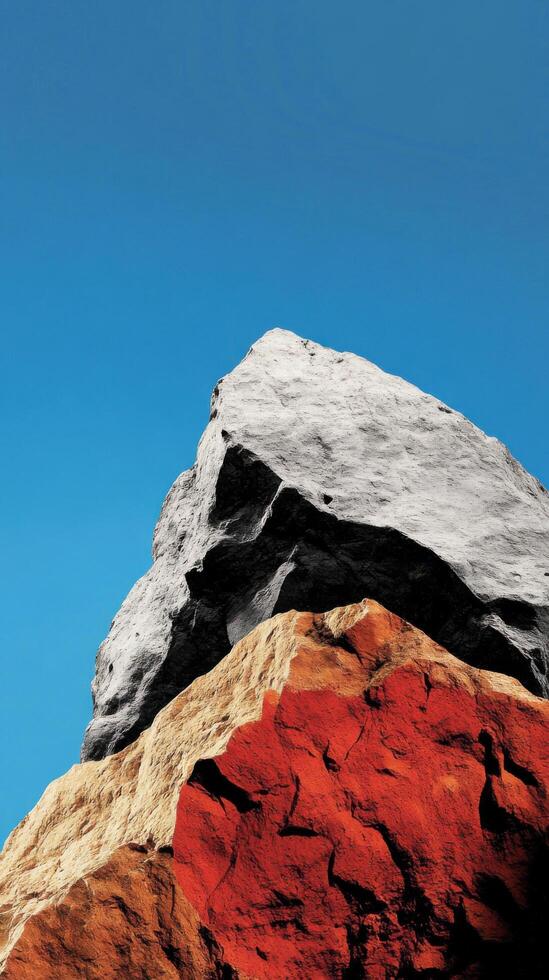 Majestic Rock Formation A Stunning Landscape of Color and Texture. The interplay of grey, red, and black rocks against a vibrant blue sky creates a breathtaking natural masterpiece. photo