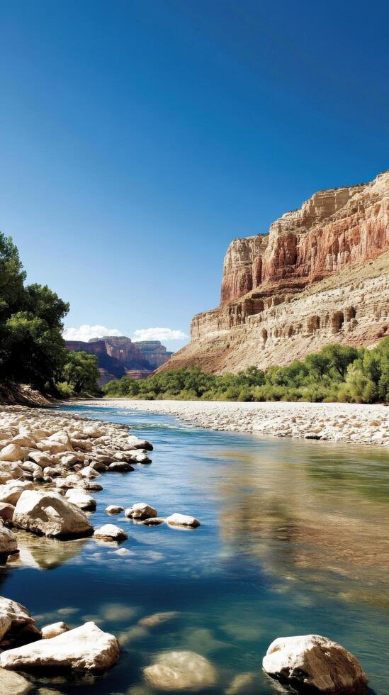 Majestic Canyon River Landscape Serenity and Adventure Await in this Breathtaking Nature Scene. Explore the Untamed Beauty of the Wild, a Picturesque View for Travel and Adventure. photo