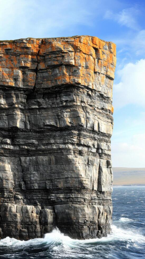 Majestic Coastal Cliffs Dramatic Ocean Waves Crashing Against Ancient Rock Formations. A Breathtaking Seascape of Nature's Power and Beauty photo