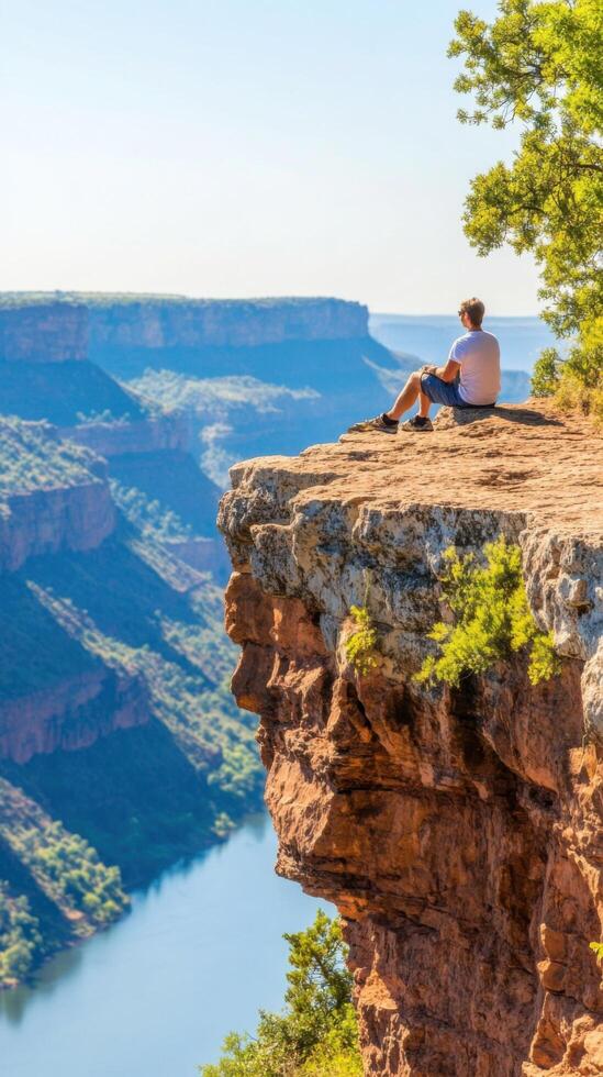 Man contemplates breathtaking canyon river landscape from a high cliff. An adventurous journey into nature's stunning panorama. Serenity and tranquility at its finest. photo