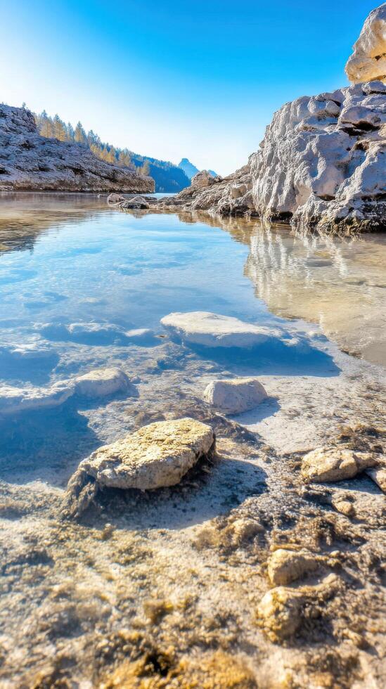 Stunning crystal clear lake nestled in the mountains. Serene landscape with calm water reflecting the bright sky. Picturesque nature scene, perfect for travel and nature photography. photo
