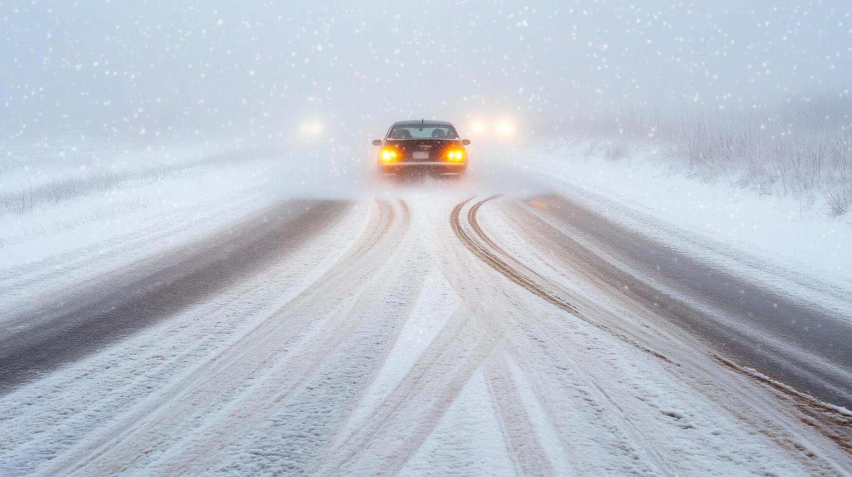 Driving in a Snowstorm A Winter Journey on a Snowy Road. The car's headlights cut through the falling snow, creating a dramatic scene of winter travel and adventure. photo