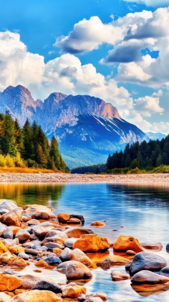 Majestic Mountain River Landscape Picturesque View of a Calm River with Colorful Rocks, Surrounded by Lush Forest and a Dramatic Mountain Range under a Vivid Sky photo