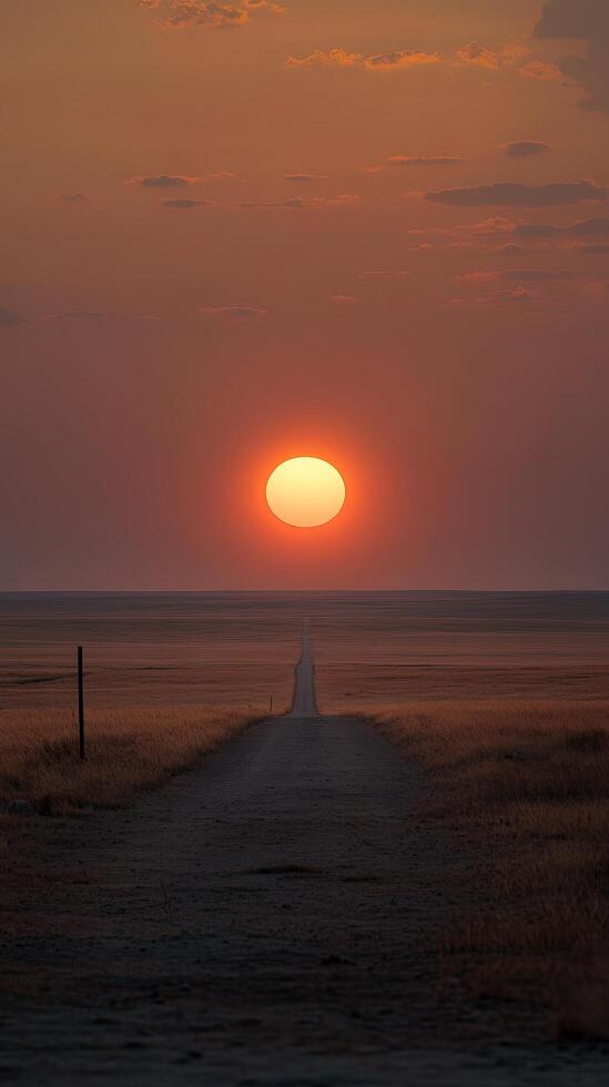 A breathtaking sunset paints the vast landscape with warm hues, illuminating a lonely road stretching into the horizon. A serene and captivating view of the golden hour. photo