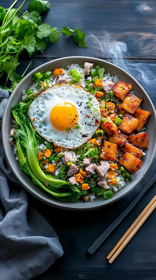 Scrumptious Asian Inspired Rice Bowl with Fried Egg and Pork photo