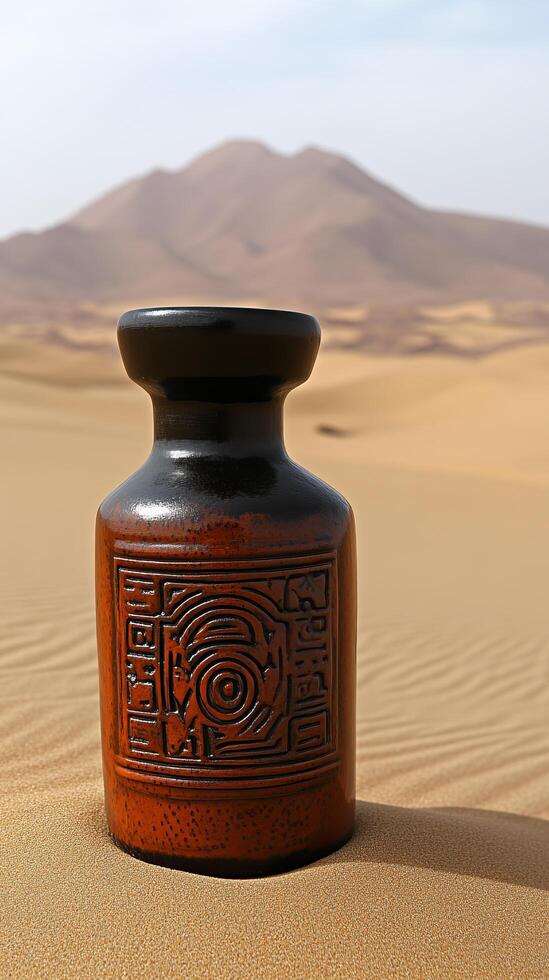 Intricate Desert Pottery A Stunning Brown Ceramic Vase in the Arid Landscape photo