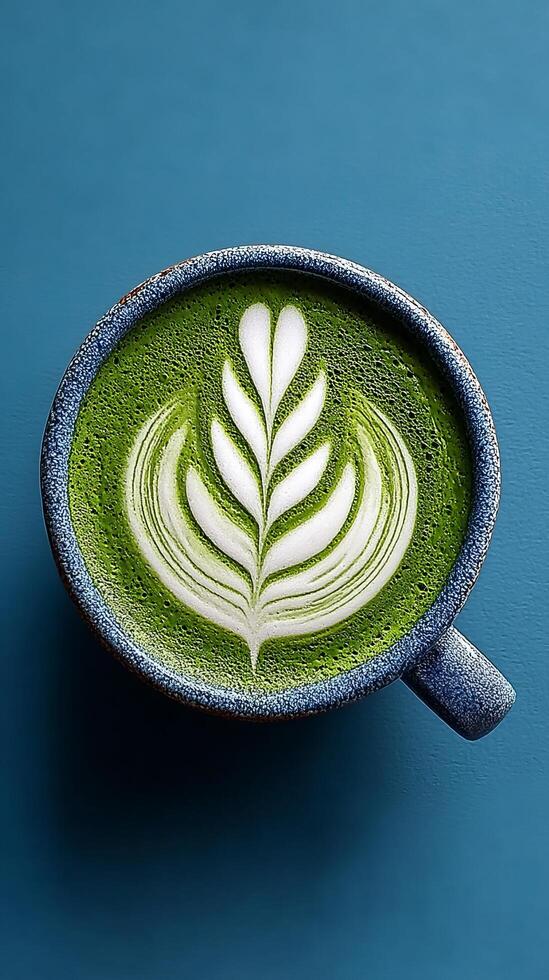 A Delicate Matcha Latte Art, Showcasing a Whimsical Leaf Design, Perfect for a Relaxing Moment photo