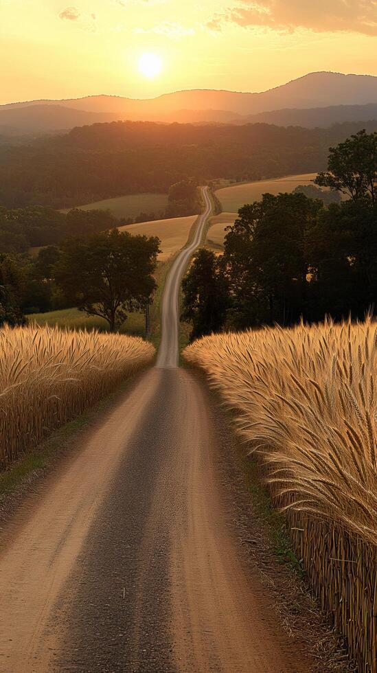 Golden Sunset Path Through Fields and Mountains A Scenic Rural Landscape photo