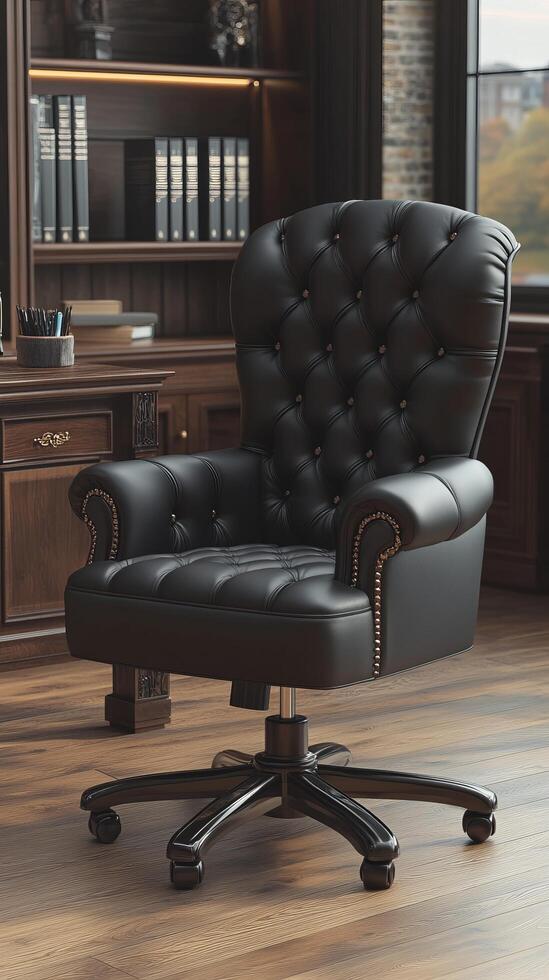 Exquisite Black Leather Office Chair in a Luxurious Study A Timeless Design for Modern Workspaces photo