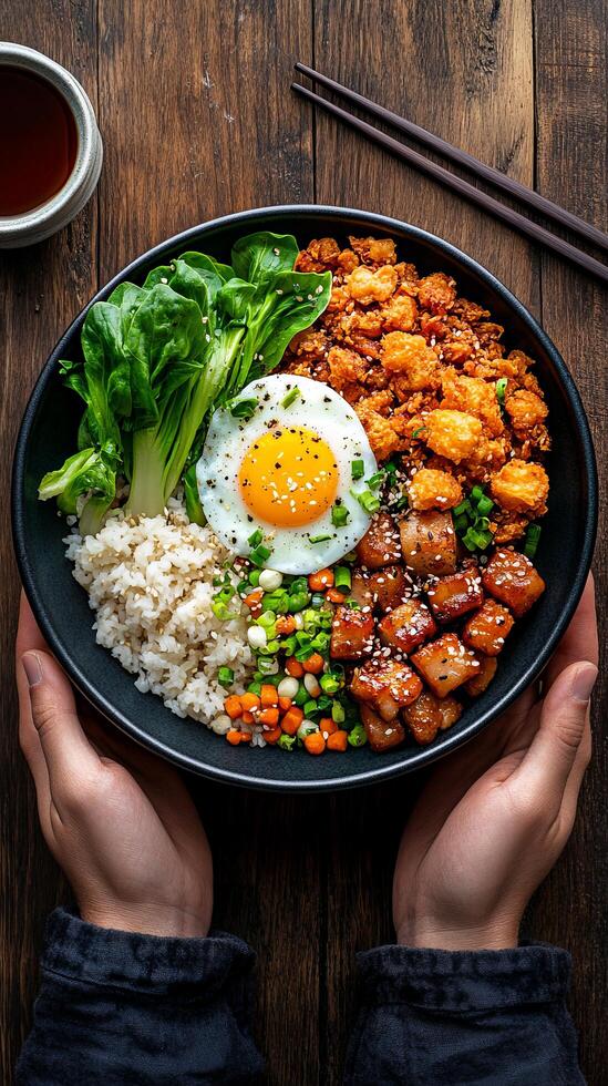 A Vibrant and Flavorful Asian Inspired Bowl with Rice, Crispy Pork, Egg, and Vegetables photo