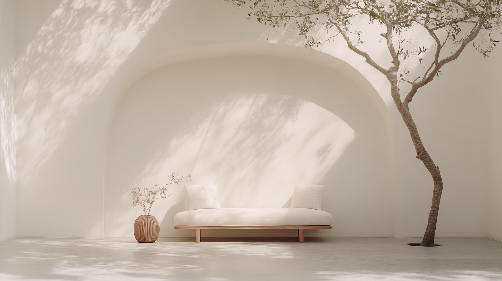 Minimalist Modern Interior Design with a Touch of Nature. A Stunning Interior with a Wooden Daybed, Natural Light, and an Olive Tree. Perfect for a Calm and Peaceful Home Decor photo