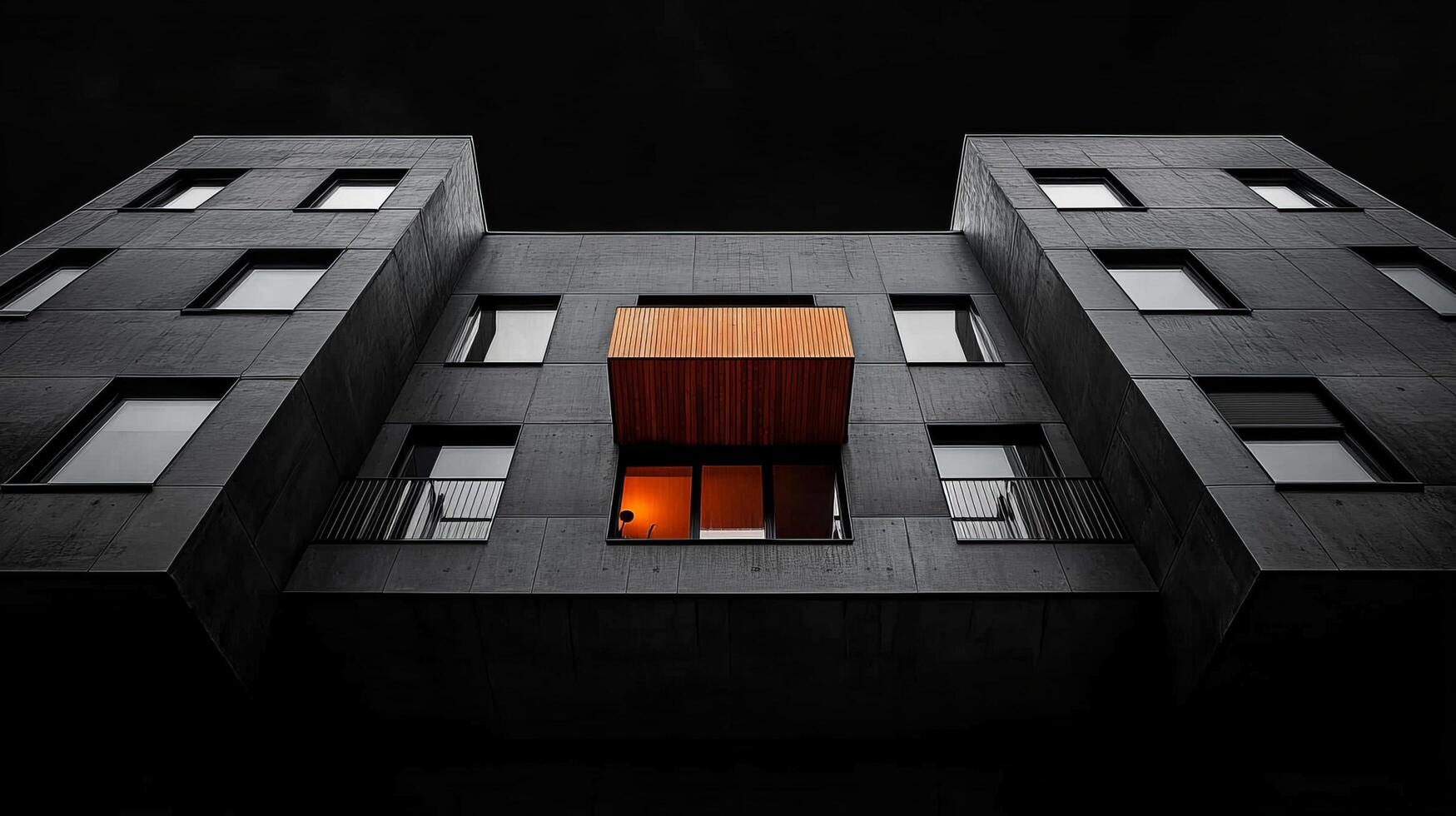 Modern Concrete Apartment Building at Night with Illuminated Balcony Architectural Photography photo