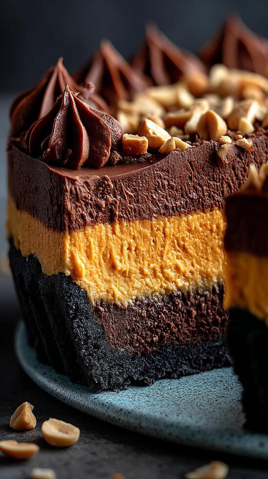 A Decadent Chocolate Peanut Butter Cake Slice Layers of Richness and Indulgence. Exquisitely Detailed Photography of a Deliciously Crafted Cake. A Visual Symphony of Flavors and Textures. photo