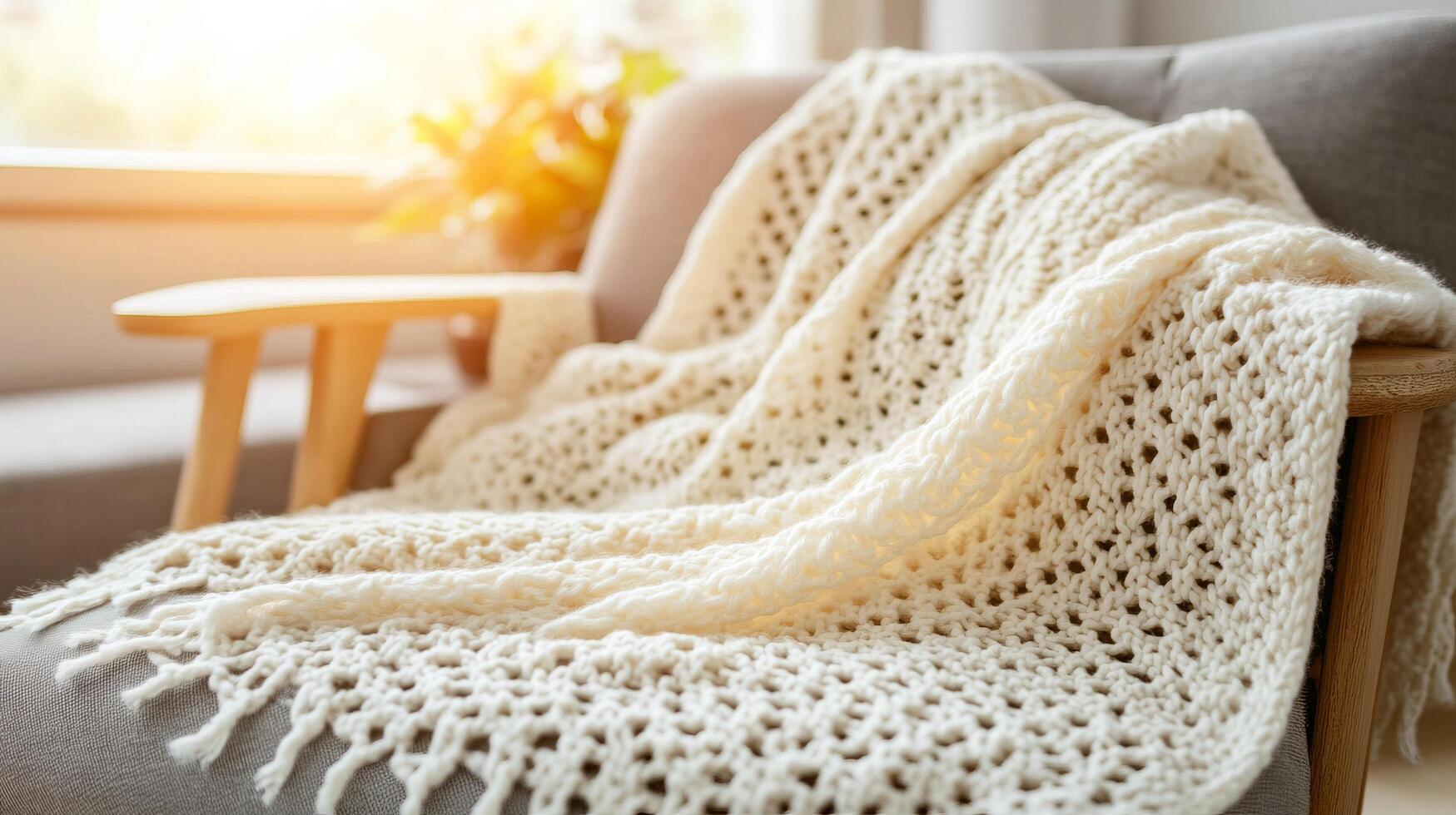 Soft, Cozy Crochet Blanket on a Wooden Chair. Perfect for a Relaxing Home Decor. Sunlight Streaming Through the Window. A Stylish and Comfortable Home Decor Piece. photo