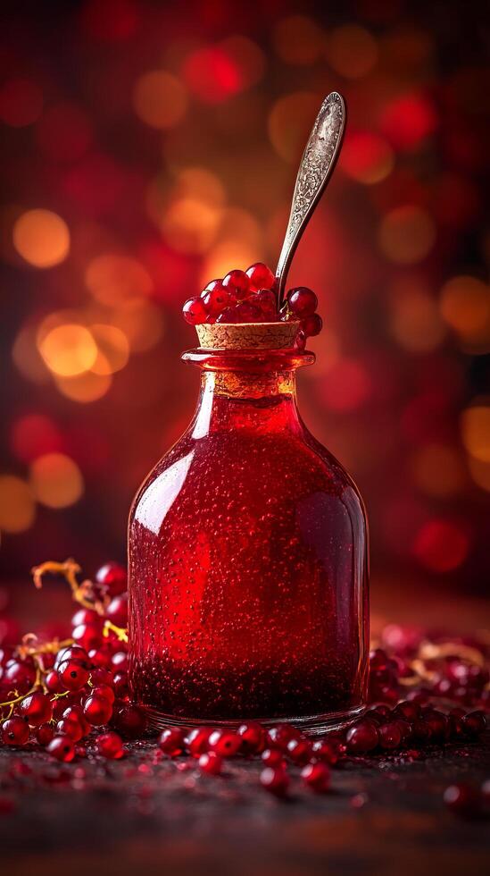 A Vibrant Redcurrant Delight Exquisite Red Berries in a Vintage Bottle A Culinary Masterpiece photo