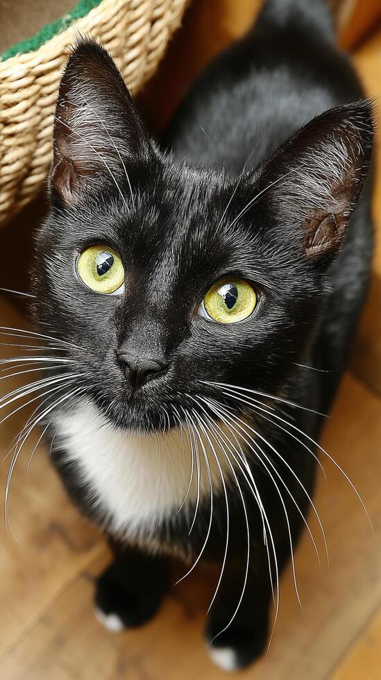 of a captivating black and white cat with captivating eyes and delicate whiskers. A charming pet portrait, showcasing the beauty of domestic felines. photo