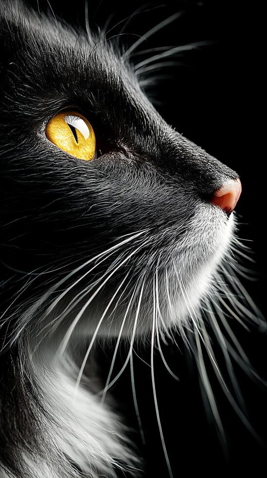 Intriguing of a Black and White Cat's Face, Highlighting the Detail of Fur, Eye, and Whiskers. A Stunning Portrait Capturing the Essence of a Feline Subject. photo