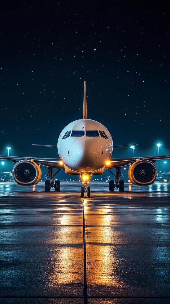 Majestic Airplane on Runway at Night Under Starry Sky A Stunning Aerial View of a Modern Passenger Jet at Night photo